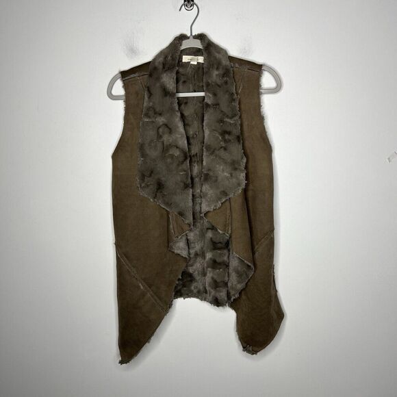 One The Land Vest Womens Medium Faux Fur Lined Faux Suede Brown Casual Boho Open - Picture 7 of 12